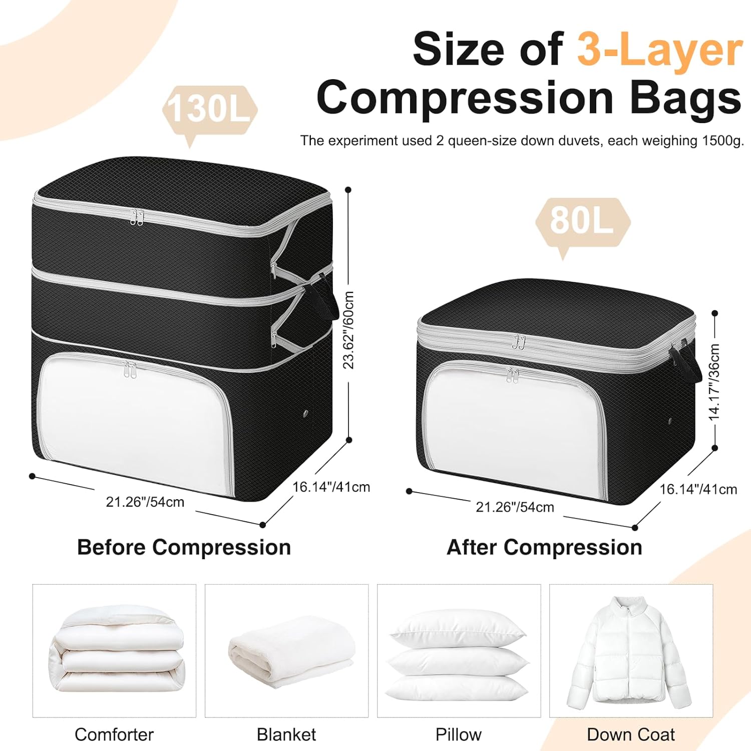 Comforter Storage Bag - 130L Blanket Storage Bags Front-opening Ultra Space Saving Self Compression Organizer, Washable Compression Bags for Storage Comforter Blanket, 1 Pack, Black