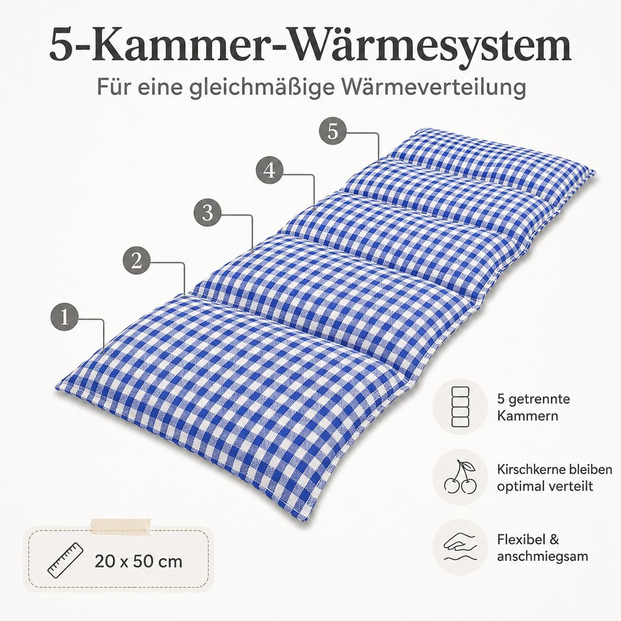 Almohada Termica 50x20 cm - Relleno: 800 Gramos de Huesos de Cereza. Forro: 100% Algodón - Cojín de Calor y Frio (azul a cuadros)
