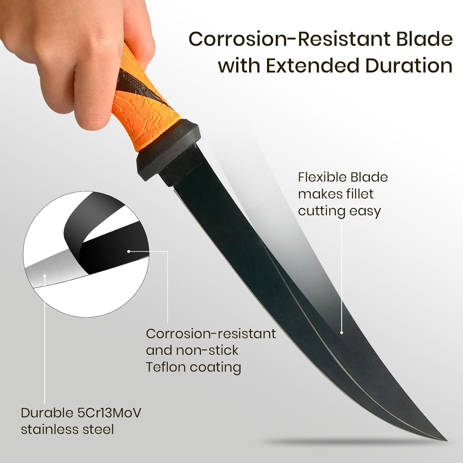 Pristis 9'' Fillet Knife for Fish, Stainless Steel Teflon Coated Blade with Non-Slip Grip Handle, Filet Knife Tackle with Protective Sheath and Sharpener for Fishing Boning Meat Cutting Kitchen