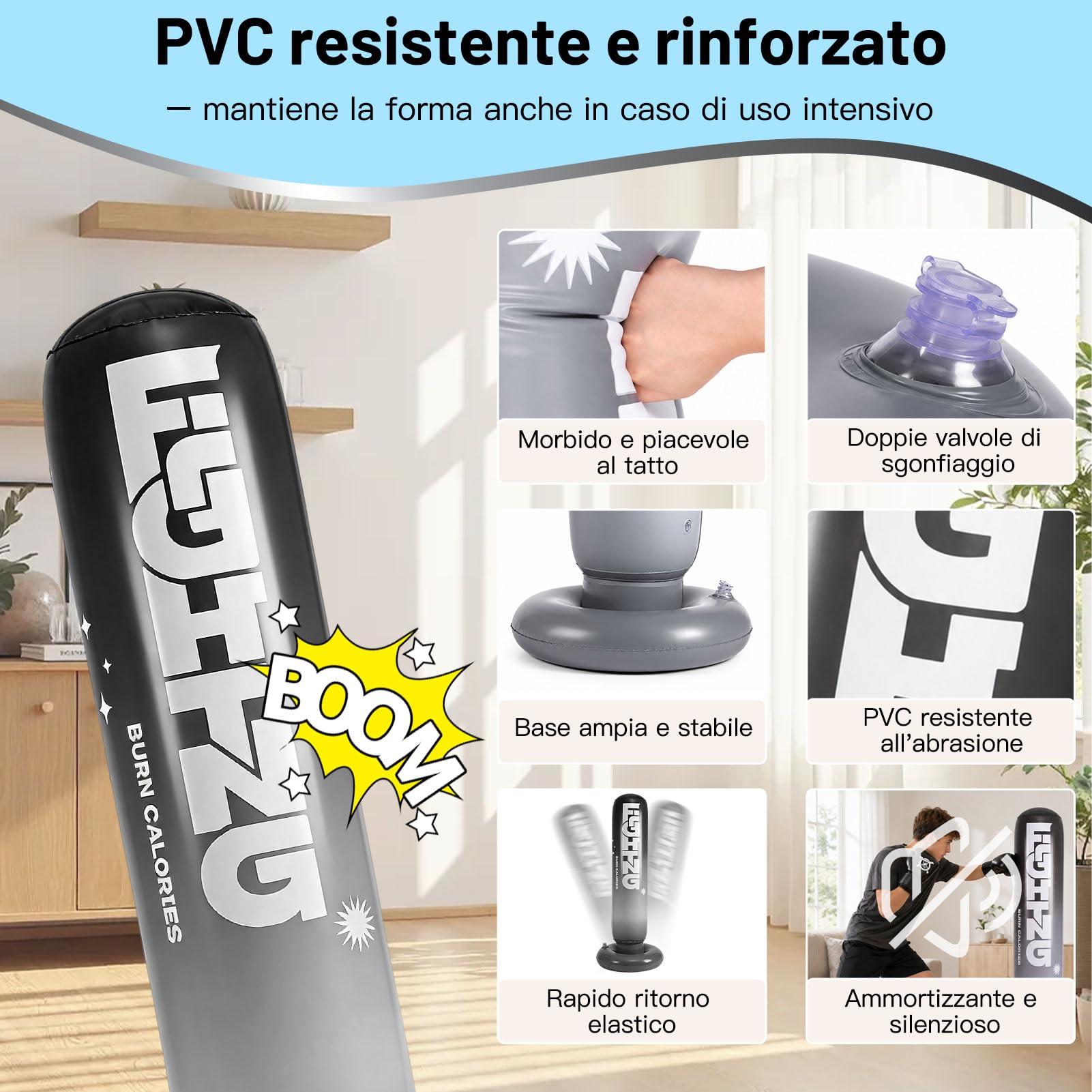 CYFIE Sacco da boxe gonfiabile con guanti da boxe e pompa, 150 cm, sacco da boxe autoportante, attrezzatura per allenamento MMA Muay Thai Fitness