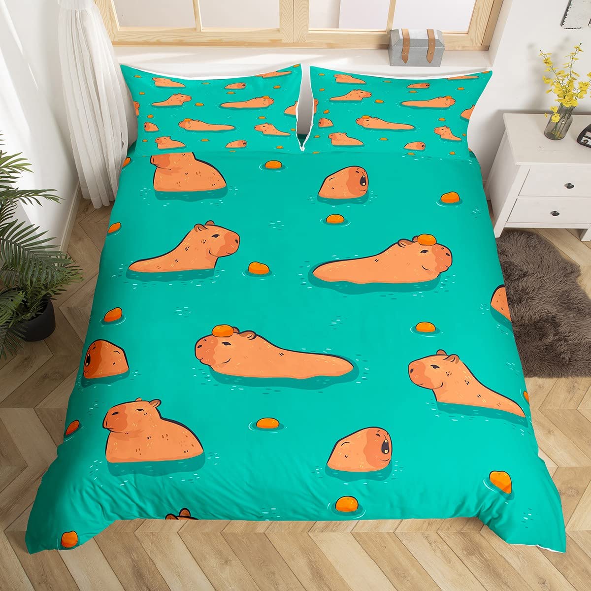 Capybara Comforter Cover King Size,Funny Capybaras in the Water Bedding Set for Kids Teens,Cute Mouse Rodent Animals Duvet Cover Cartoon Style Quilt Cover 3 Pieces,Kawaii Gifts for Capybara Lovers โ image 1