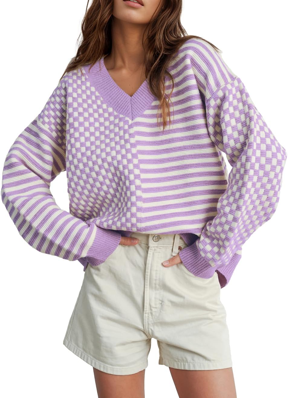 UNCLECAT Striped Checkered V-Neck Sweater