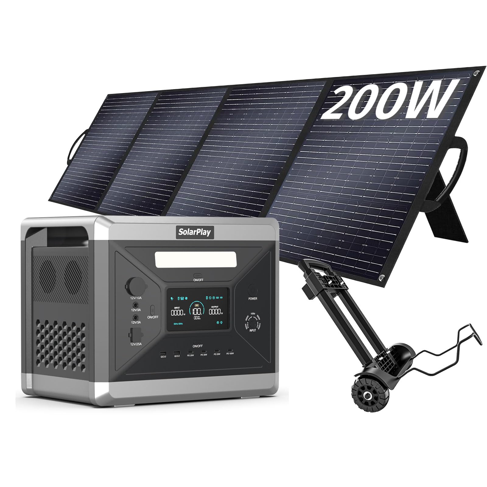 SOLARPLAY Centrale Elettrica Portatile 2400W,(4800W Potenza di Picco) Generatore Solare 2160Wh con Batteria LiFePO4,12 Porte, per Campeggio,Camper, RV, Viaggi, Emergenza Mancanza (2400W+200W+Trailer)