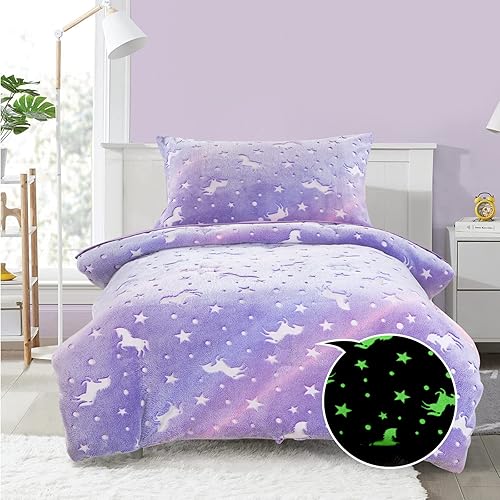 HOMBYS Juego de ropa de cama de terciopelo morado de 4 piezas con sábanas, edredón que brilla en la oscuridad para cama de niños, edredón
