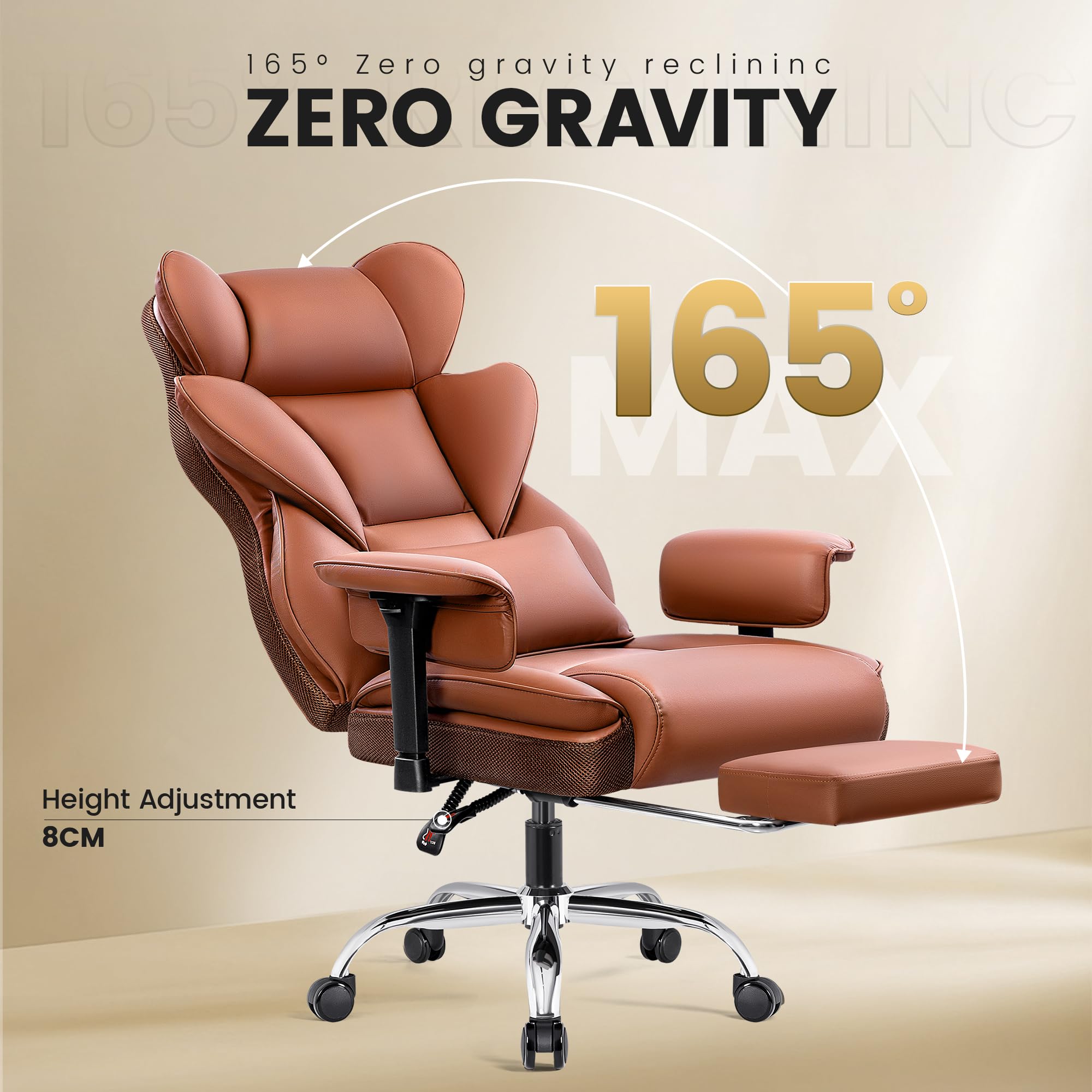 Sedia Ufficio ampia, Sedia direzionale ergonomica con poggiapiedi 165° schienale regolabile sedia gaming casa in ecopelle 150-200KG, Marrone