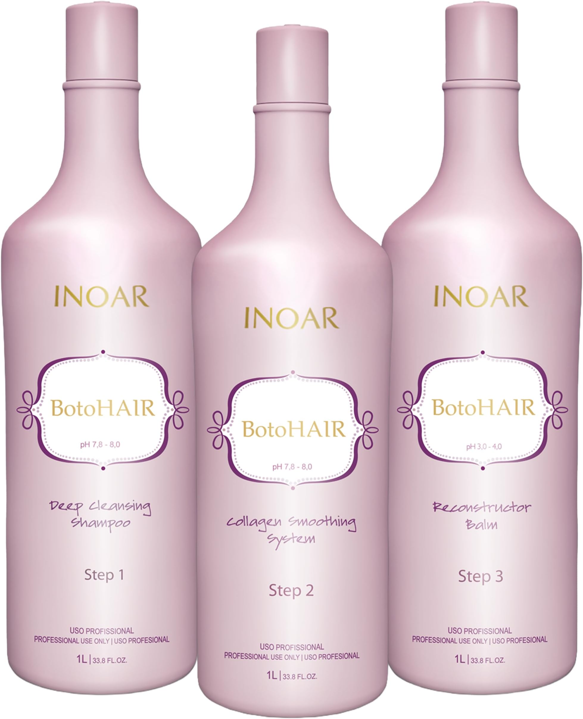 Inoar BotoHair Collagen Smoothing System with Keratin, Deep Cleansing Shampoo, Collagen Smoothing System & Reconstructor Balm, 33.8 fl oz Each