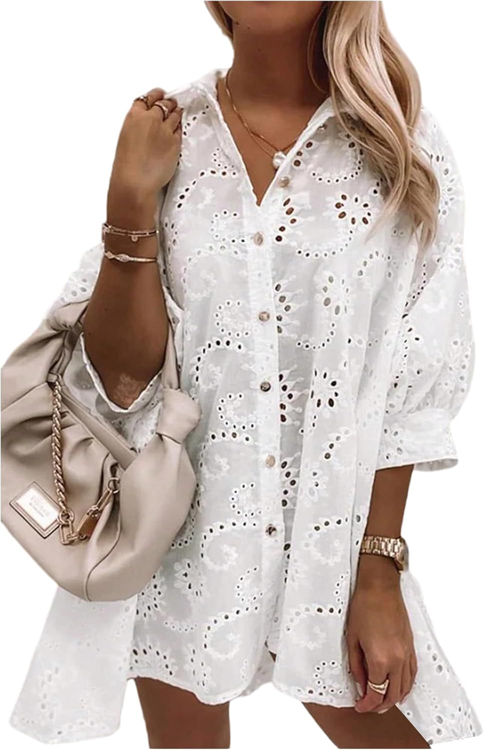 GORGLITTER Women's Floral Eyelet Long Blouses Boho Oversized Long Sleeve Loose Button Up Shirt Trendy Fashion 2026