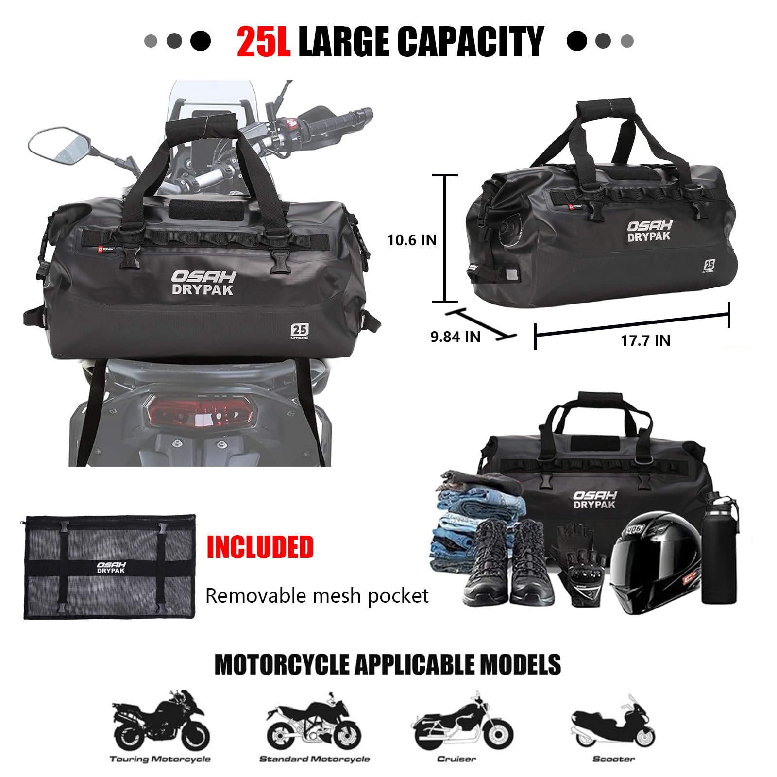 Sac de Voyage imperméable - Sac étanche Moto 25L avec Poche extérieure en Filet, pour Camping, Kayak, pêche & Voyages - Brun Boue