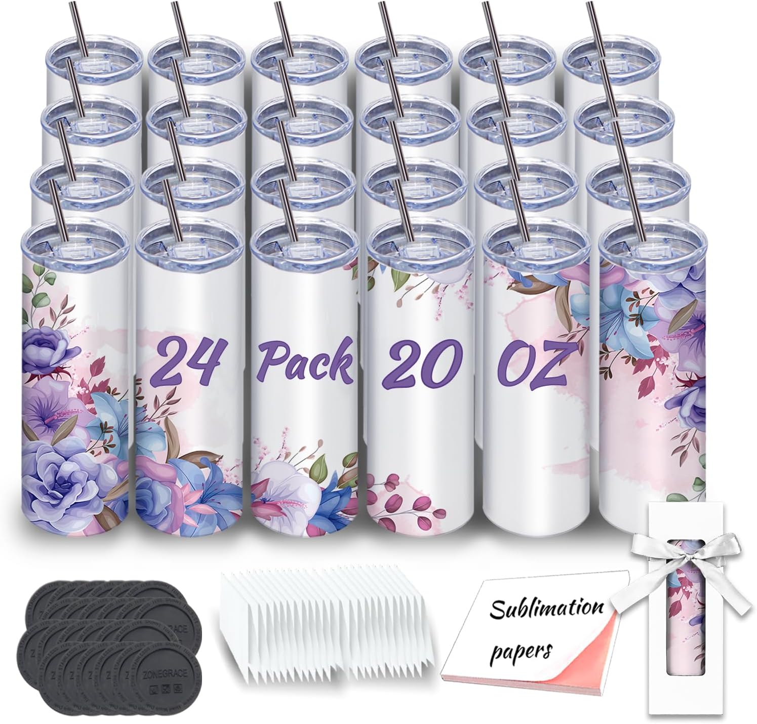 Sublimation Tumblers bulk 20 oz Skinny, 24 Pack Stainless Steel Double Wall Insulated Straight Sublimation Tumbler Cups Blank White with Lid, Individually Box,Polymer Coating for Heat Transfer