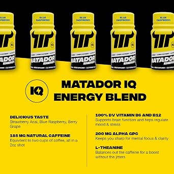 MATADOR Energy Shots Extra Strength Mini Energy Drinks w/B Complex Vitamins (Vitamin B12-B9-B6-B3), Alpha GPC Nootropic Focus, Coffee Bean Extract Caffeine Shots, 24 Shot Count Blue Raspberry