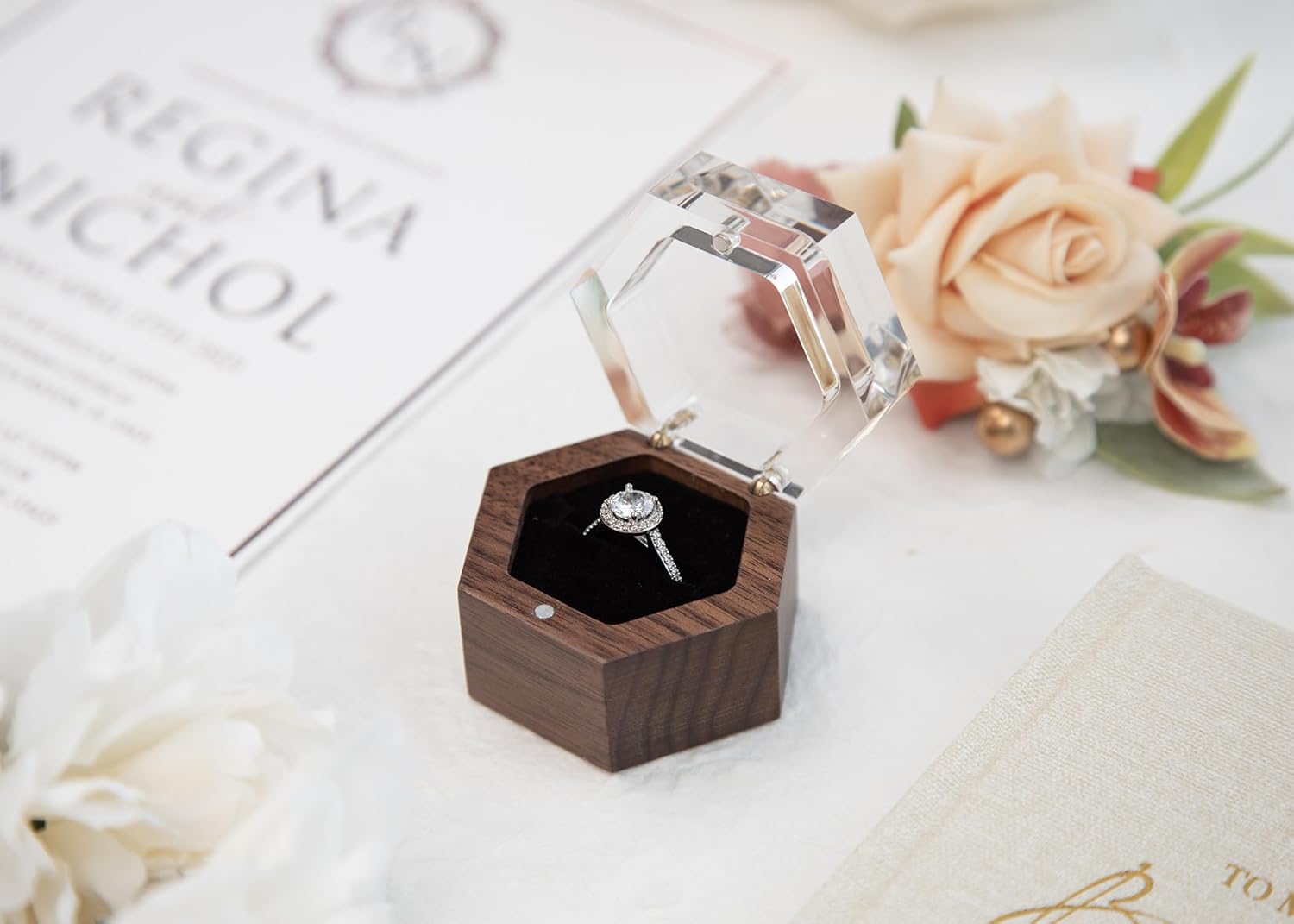 Hexagon Wood Acrylic Ring Box (Single Slot) - Wedding Marriage Engagement Ring Box Gift for Her Future Wife Girlfriend, Discreet Proposal Ring Storage for Surprise, Single Slot 1 Ring, 2.25 x 2 x 1.25