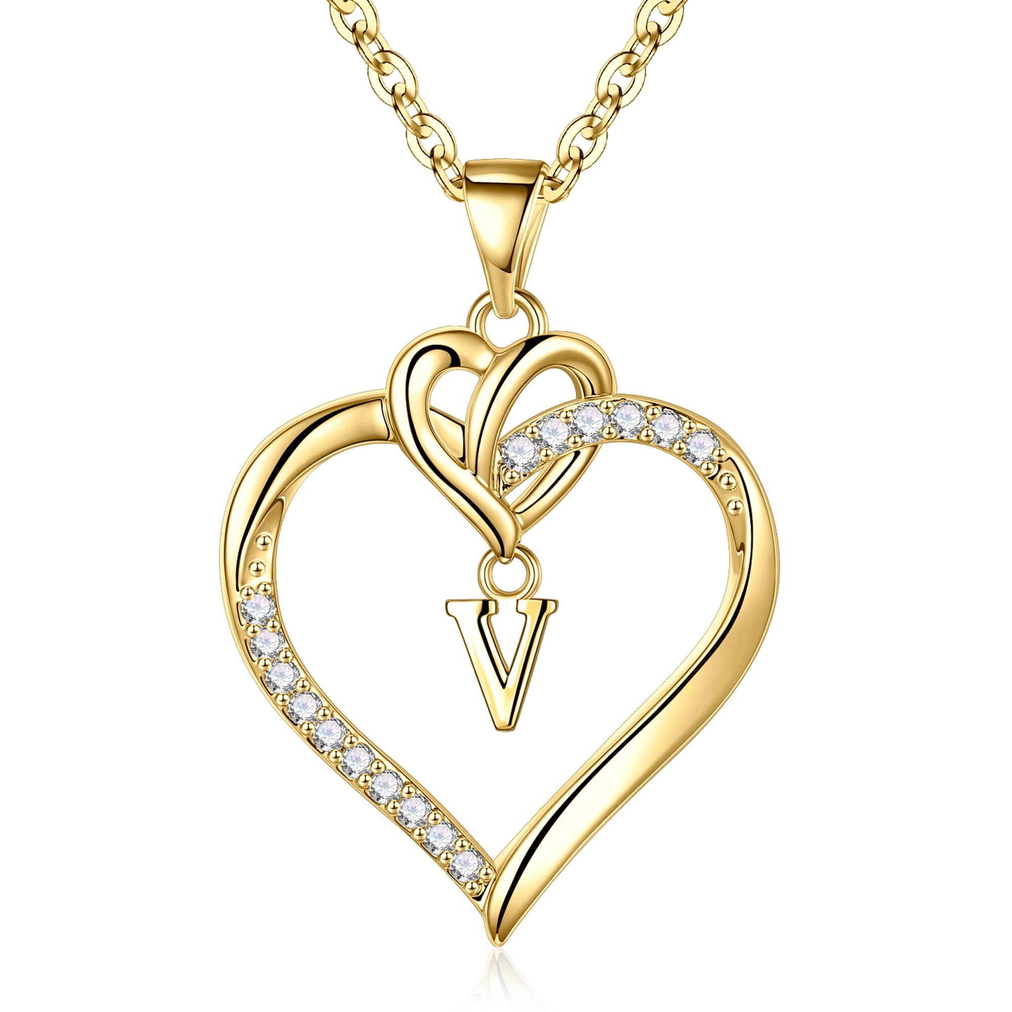 STORUP Valentines Gifts for Women Teen Girls - Heart Initial Necklaces for Women Girls, 14K-Gold-Plated CZ Initial A-Z Heart Necklaces for Teen Girl