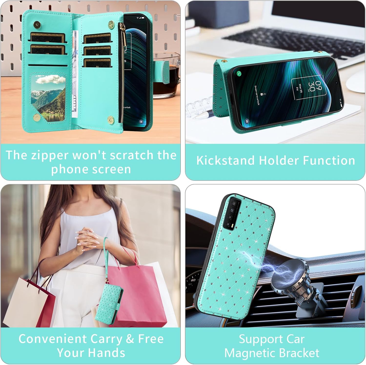 Asuwish Compatible with TCL Stylus 5G 2022 Wallet Case Zipper Cell and Tempered Glass Screen Protector Crossbody Strap Glitter Flip Card Holder Phone Cover for TLC Stylo G5 6.81 T779W Women Green