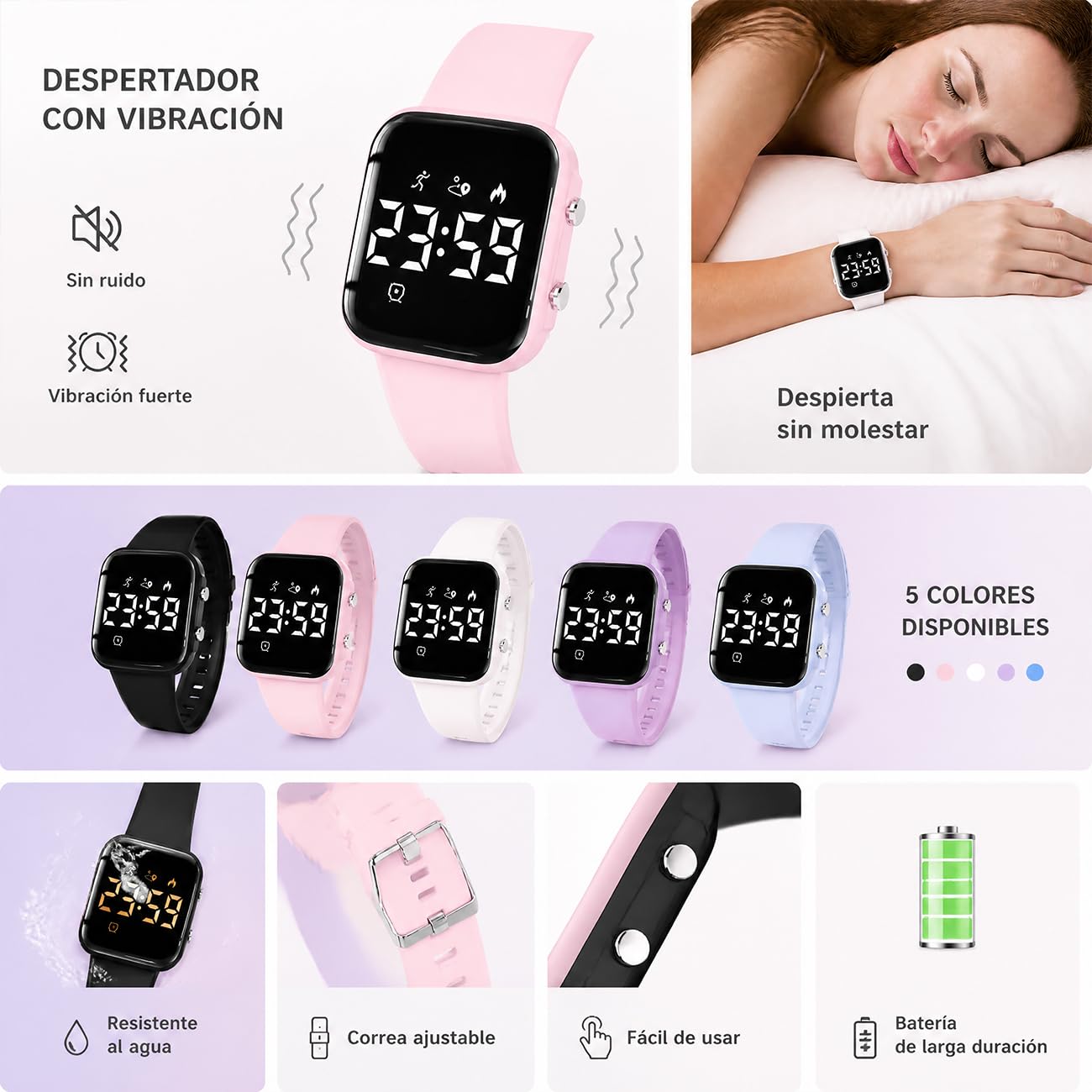 Genérico Despertador para Sordos, Pulsera Despertador Vibración Te Despierta Tranquilamente por La Mañana Sin Molestar A Los Demás Personas Sordas Reloj, For Meetings, Sleeping,Rosado,3.7 * 3.2cm