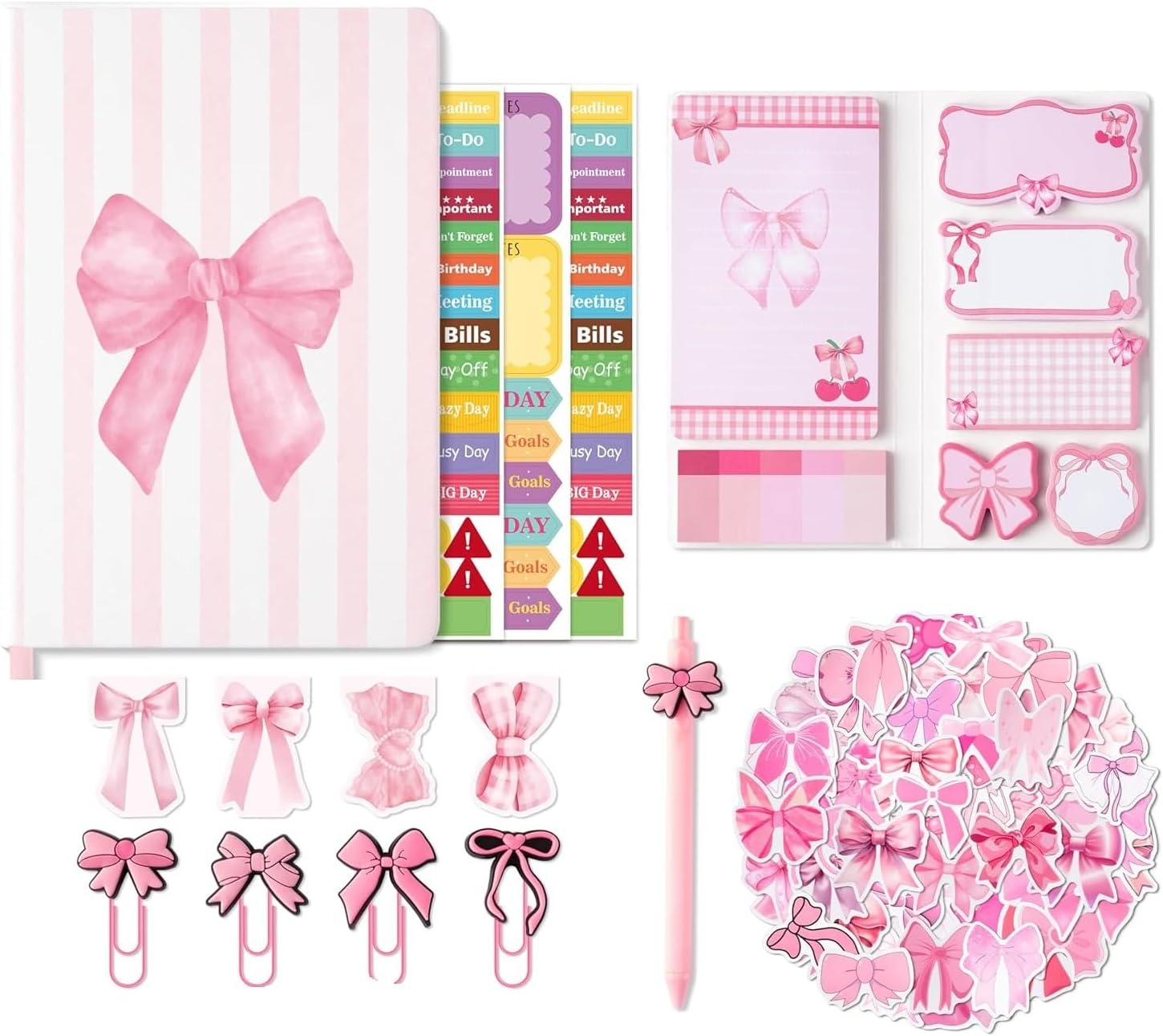 Pink Bow Stationery Gift Set Sticky Notes A5 Notebook Stickers
