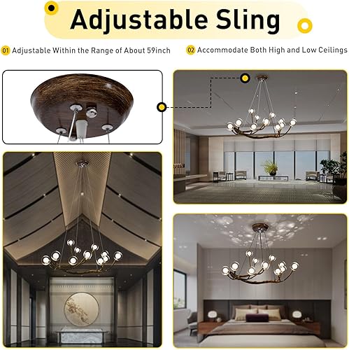 Miniatura 4 de Moderno candelabro Sputnik de burbujas de cristal, 12 luces, ramas de madera de mediados de siglo, lámparas de techo, lámpara de techo industrial,