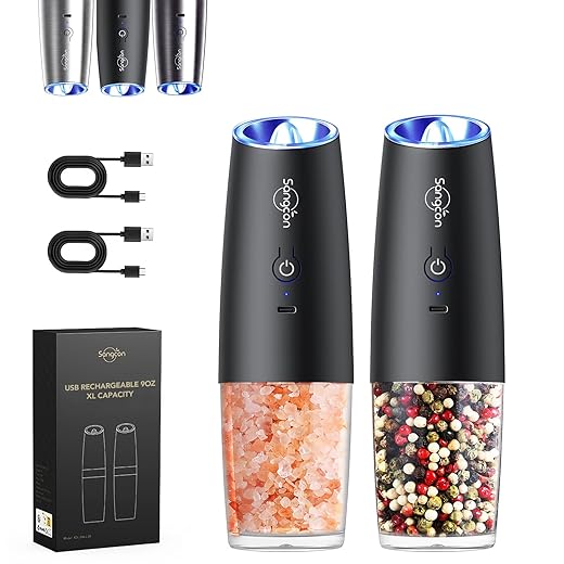 Sangcon Gravity Elektrisches Salz und Pfeffermühlen Set, USB Wiederaufladbar mit LED-Licht, Einhandbedienung, Automatisches Mahlen, Einstellbare Grobheit (Schwarz)