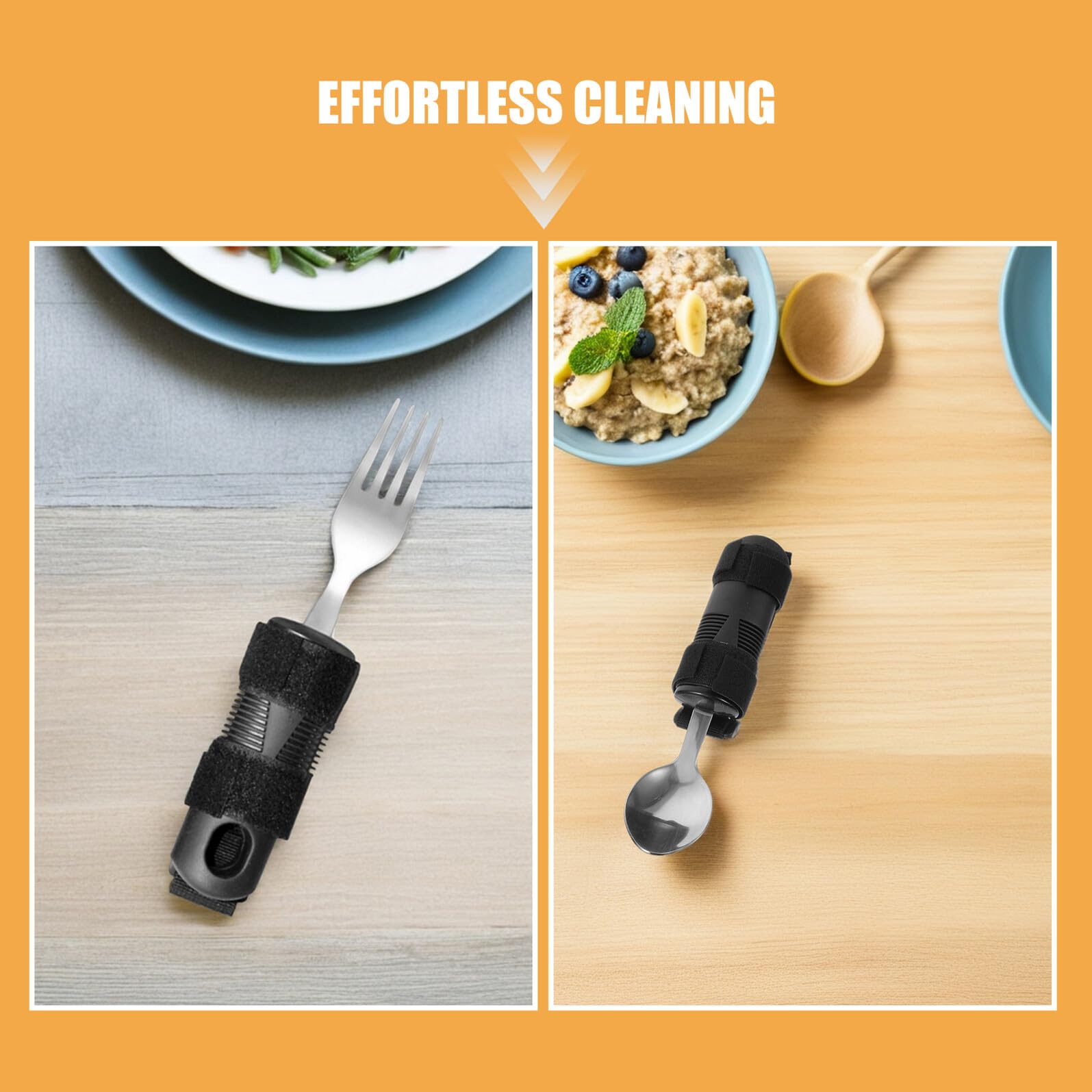 Cubiertos Adaptados Antivibración para Autoalimentación, 1 Set | Acero Inoxidable, Plástico y Poliéster, Cuchara y Tenedor Angulares Mangos Anchos, Fácil Limpieza