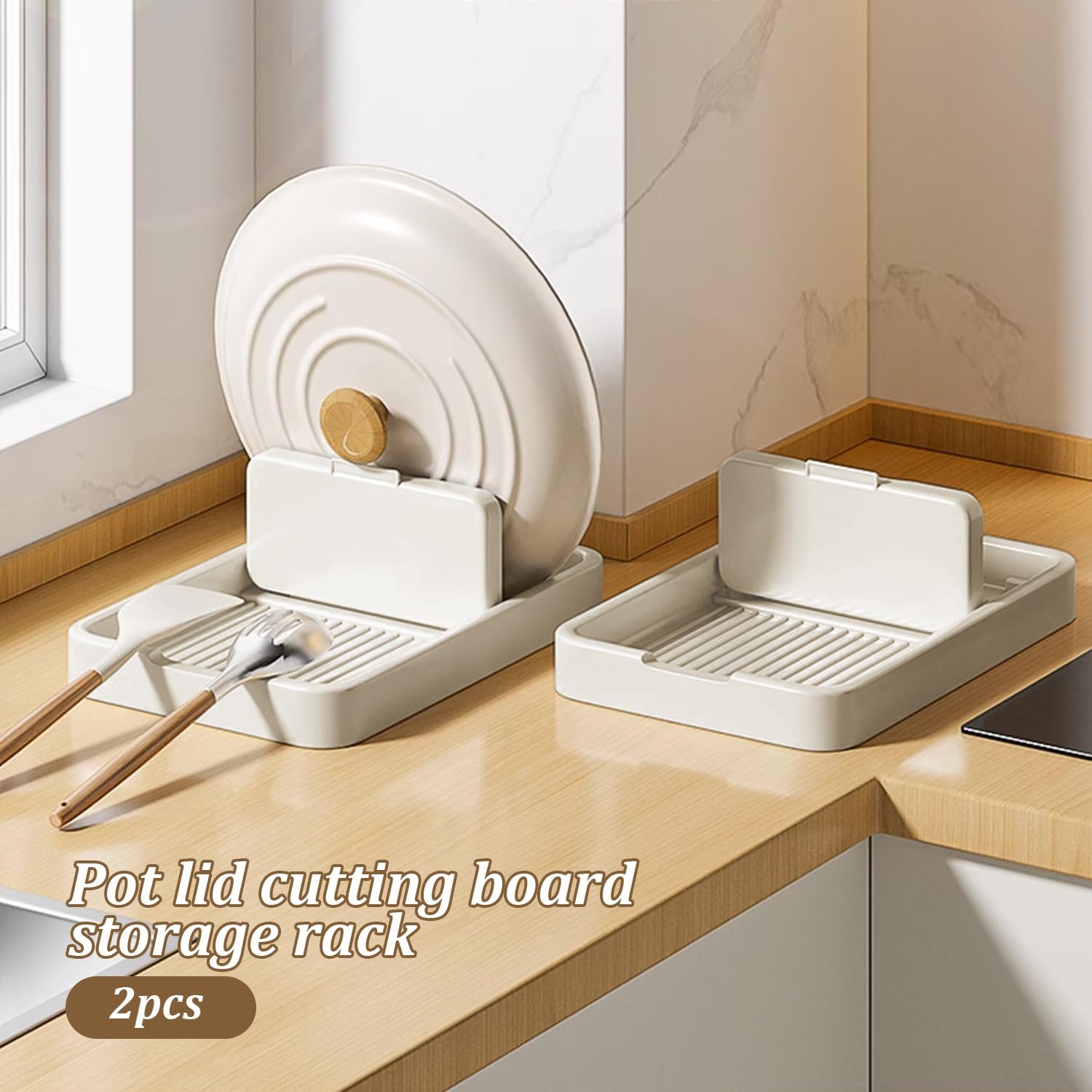 Soporte Para Tapas De Ollas Plegable - Organizador De Cocina Con Bandeja Recogegotas, Blanco, Para Almacenar Tapas Y Cucharas