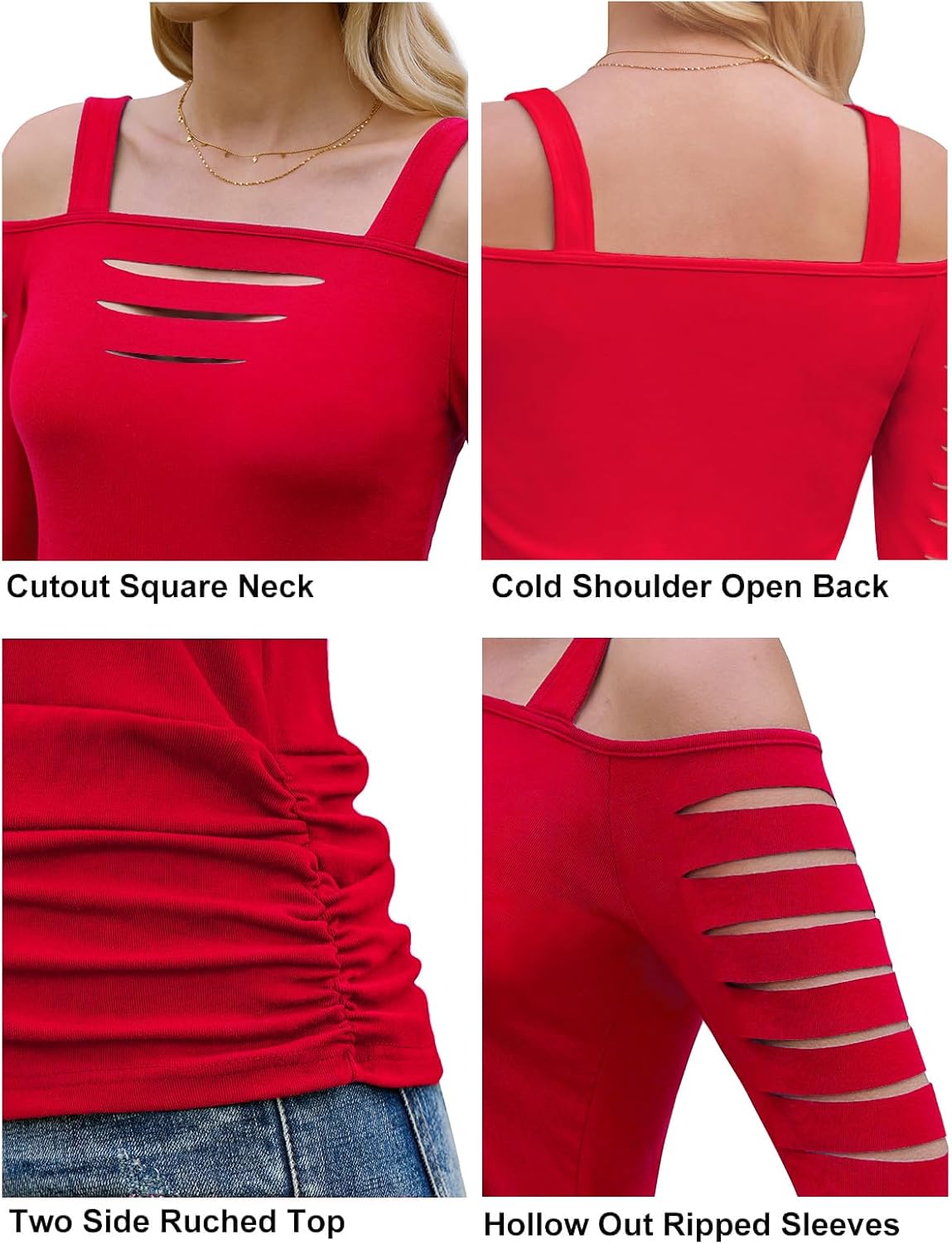Bellelily Womens Sexy Tops Cut Out Cold Shoulder Half Sleeve Shirts Square Neck Hollow Out Ruched Concert Rock Tee Blouse - Image 5