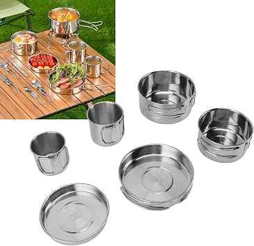 6PCS Portable Cookware Set, Outdoor Camping Cookware Set, 304 Stainless Steel Rapid Heating Multifunctional Tableware with Folding Pan Pot Cup for Hiking Backpacking
