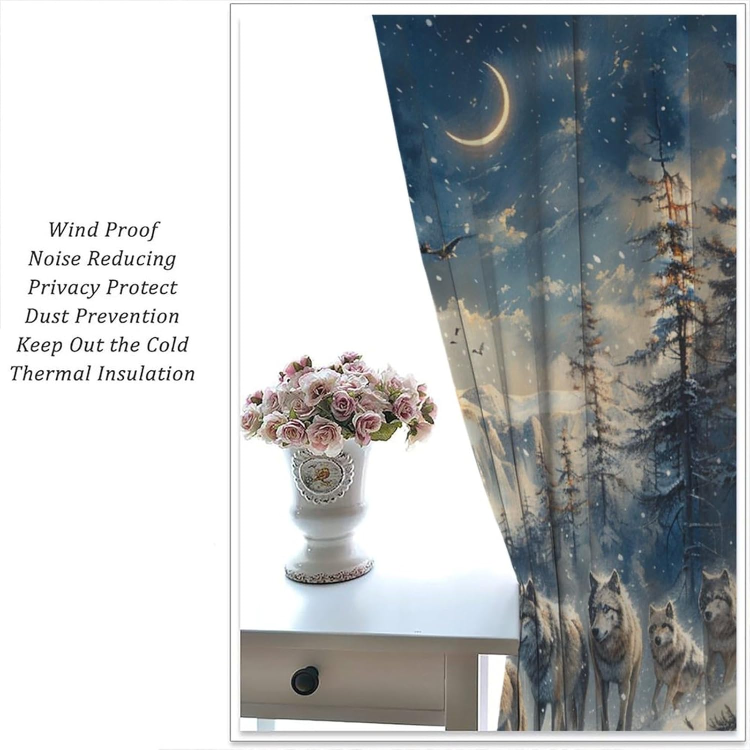Winter Forest Wolf Blackout Curtains, Fantasy Star Moon Snowy Mountain Home Decor Rod Pocket Window Drapes for Living Room Bedroom- 2 Panels 42" W x 45" L