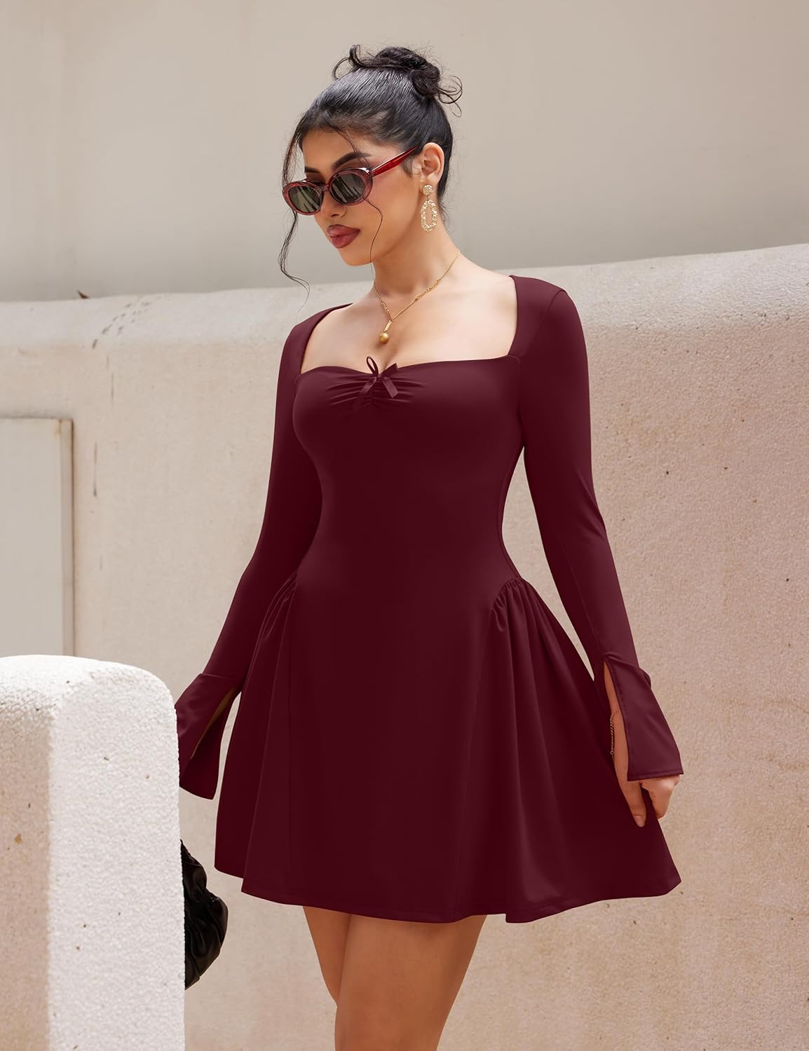 YMDUCH Women's Sexy Long Sleeve Sweetheart Neck A-line Ruffle Hem Party Club Mini Dress - Image 3