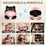 Mewaii Travel Neck Pillow with Hood for Airplanes,Memory Foam,Breathable Ice Silk & Soft Velvet,Double-Sided,Removable to Clean,Adjustable Strap,Portable Travel Pillow for Long Flights Adults & Teens