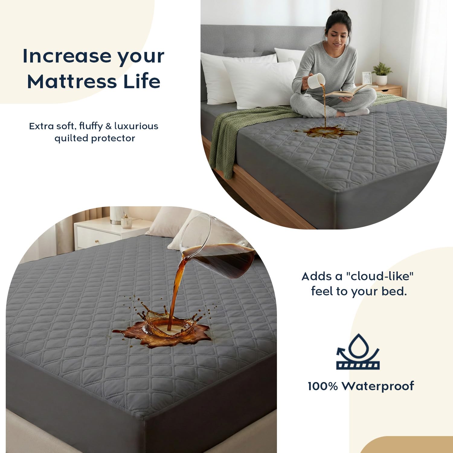 Ayka 100% Waterproof Queen Size 75x60 inch Cotton Quilted Mattress Protector Breathable Hypoallergenic Noiseless Ultra Soft Elastic Fitted Bed Protector Mattress/Bed Cover (Grey, Queen (75 * 60”)) 2
