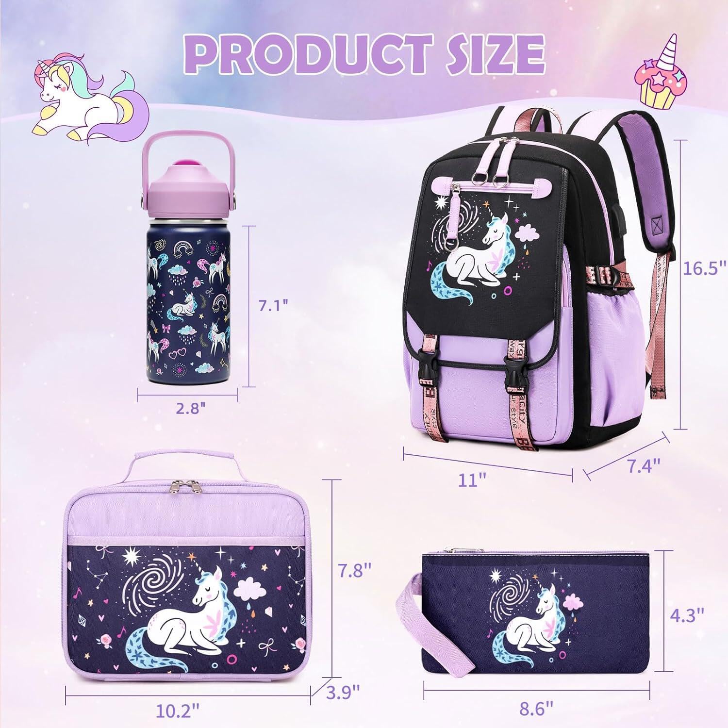 Bevalsa Kids Backpack for Girls with Insulated Water Bottle, Purple Cute Bookbag for Girls Kid, 14oz Termos Kids Water Bottle, Insulated Lunch Bag & Pencial Case, Back To School Gift (Unicorn)