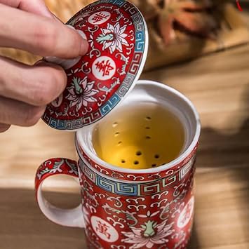 Ceramic Coffee Mug With Lid 10 Oz Teacup Asian Cup Chinese Gongfu Loose Leaf Tea Brewing System For Home Office Travel (10 OZ,Blue_wanshouwujiang)