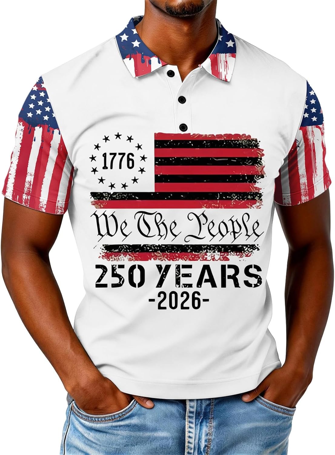 Ymosrh Men's Casual Polo Shirts Sleeve We The People 250 Years American Flag Print Casual Patriotic Golf Shirts, M-3XL