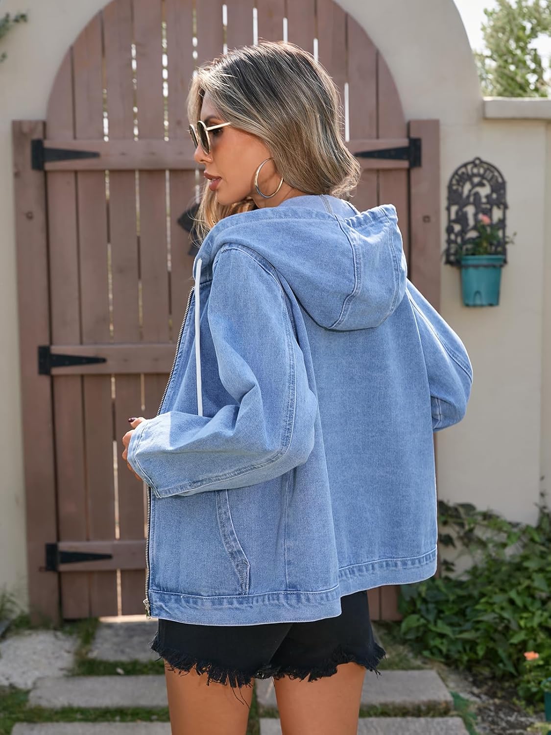 Kedera Women's Hoodie Denim Jacket Long Sleeve Casual Zip Up Drawstring Boyfriend Jean Coat - Image 4