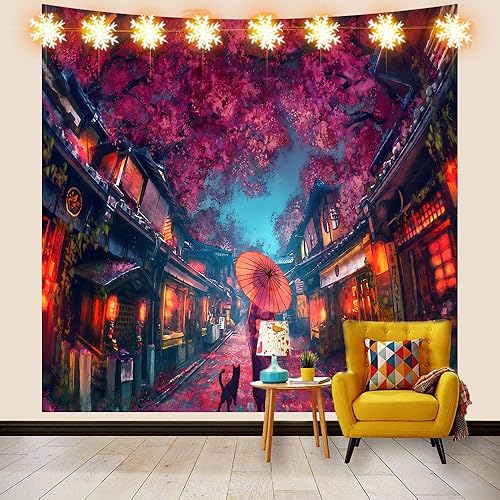 Aidatain Tapiz de anime japonés antiguo japonés de paisaje de calle nocturna, tapiz de farol de flor de cerezo, tapiz grande de 60 pulgadas de largo