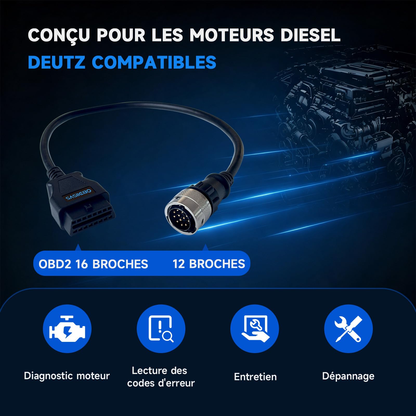 Câble de diagnostic OBD compatible avec Deutz 12 broches vers OBD2