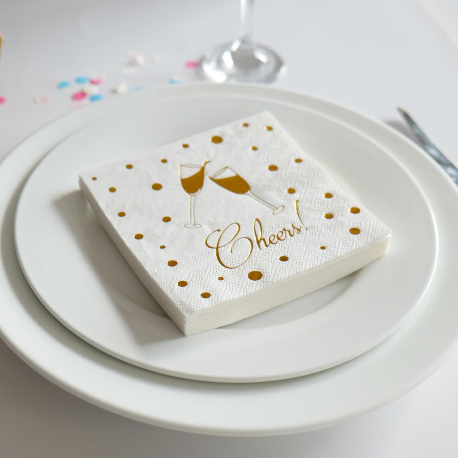 Cheers Cocktail Napkins, 100 Pack, White & Gold, Disposable 3-Ply, Party