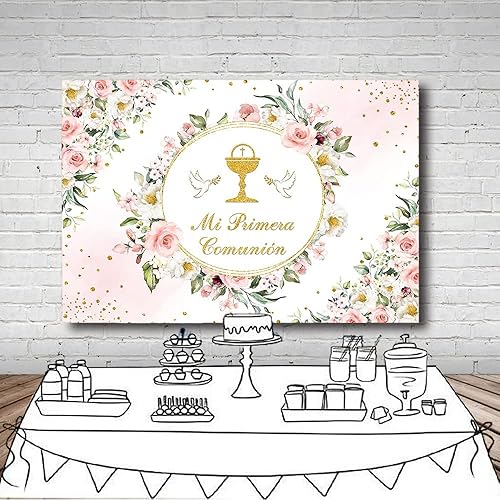 Miniatura 4 de MEHOFOND Telón de fondo de bautismo mexicano Mi Primera Comunión Bautizo Oro Purpurina Floral Dios bendiga Banner Primera Comunión Fondo Fotografía