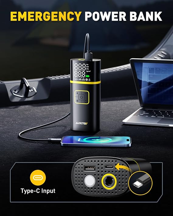 AUXITO Tire Inflator Portable Air Compressor - 150PSI Bike Pump 1Min Fast Inflate with Tire Pressure Gauge, 5200 mAh, LED Light, Car Accessories Air Pump for Auto, Moto, Bike Car Gifts for Men