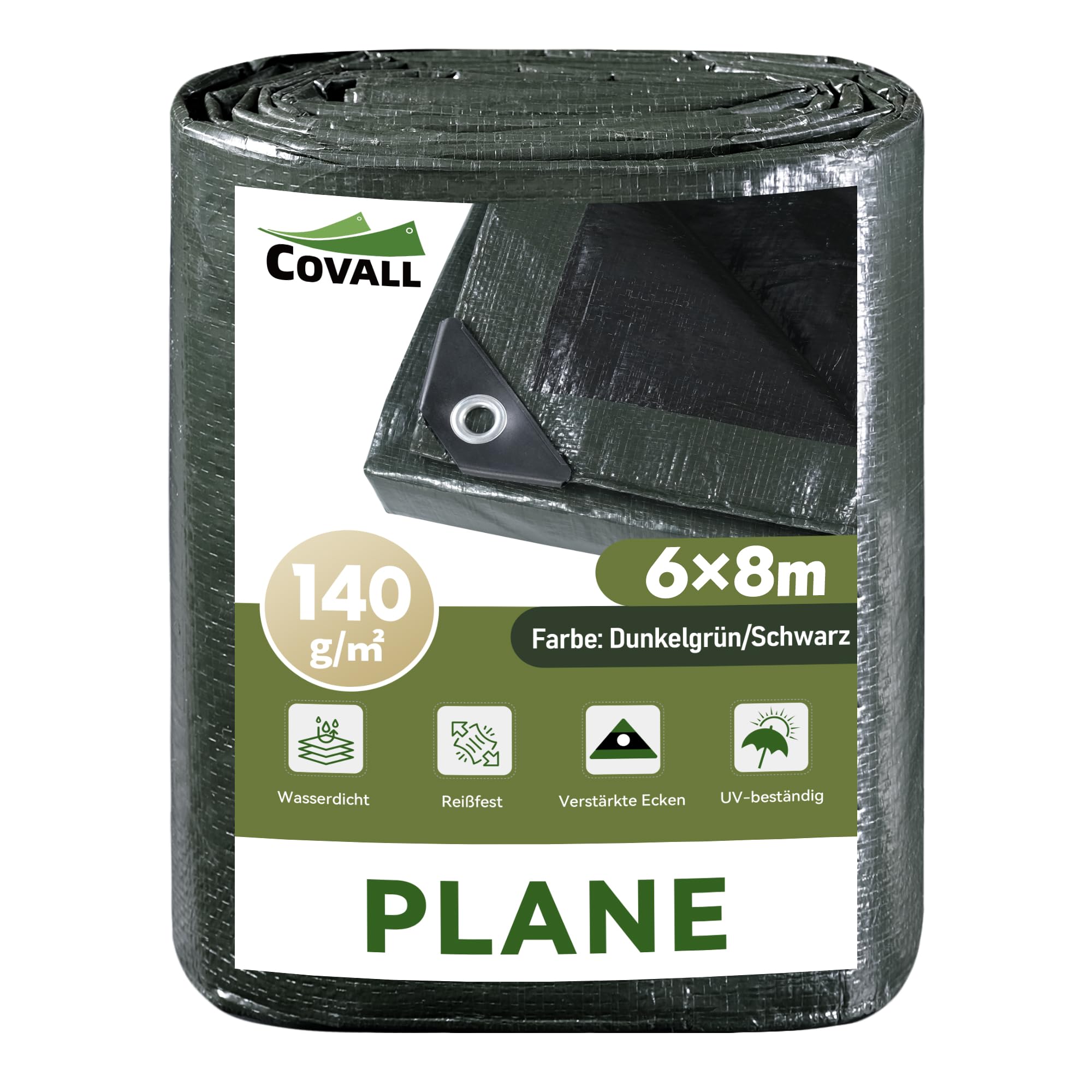 COVALL Schwerlast-wasserdichte Abdeckplane 6mx8m,140GSM, UV-beständig & reissfest Plane,Schwarz Bodenschutzplane mit verstärkten Ösen,Mehrzweckabdeckung für Campen,Garten,LKW Deckel,Dach,Gartmöbel