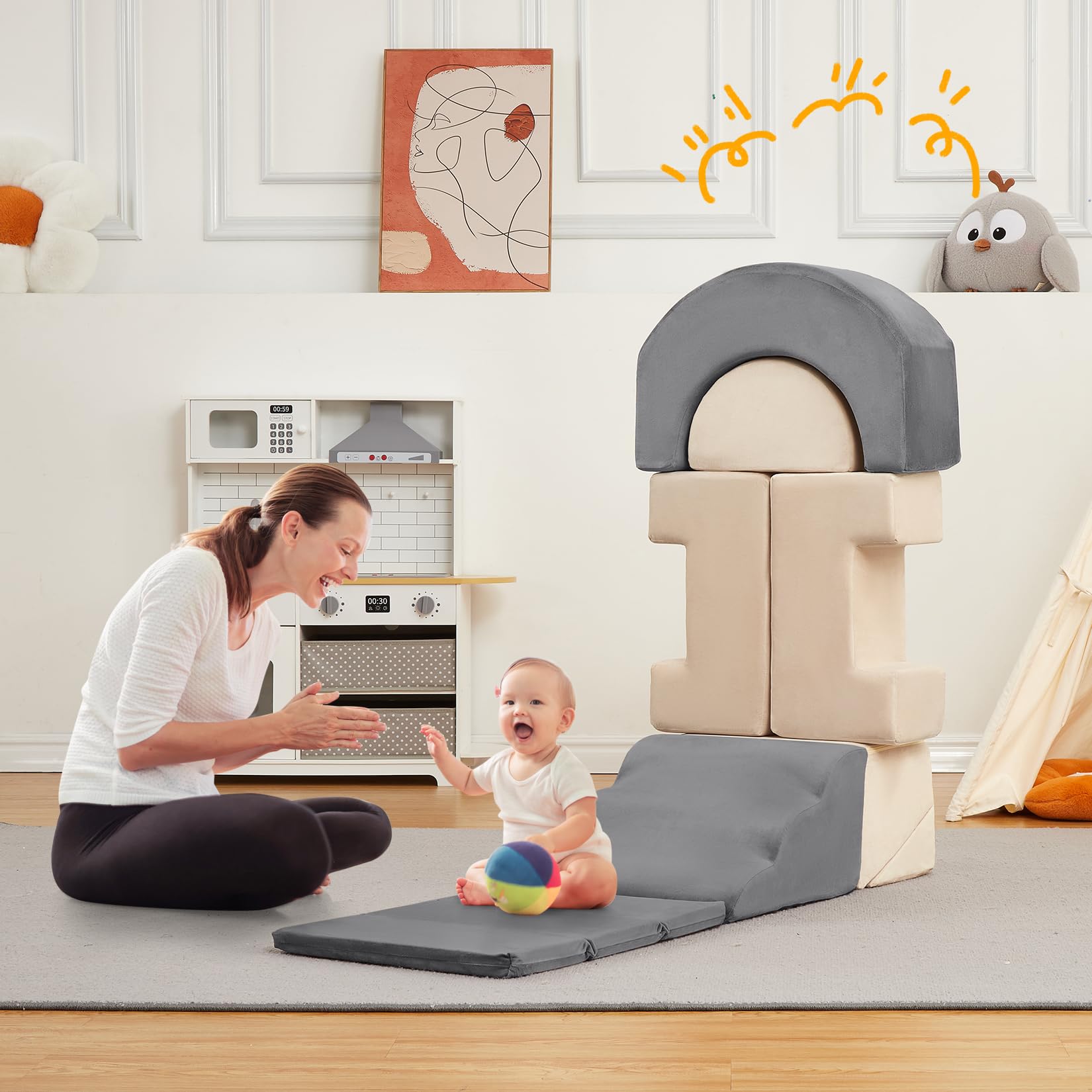 Garvee Juego educativo de 7 bloques de espuma para escalar y gatear - Incluye rampa extendida, túnel y tobogán - Funda de terciopelo lavable, base antideslizante - Ideal para bebés y niños pequeños en