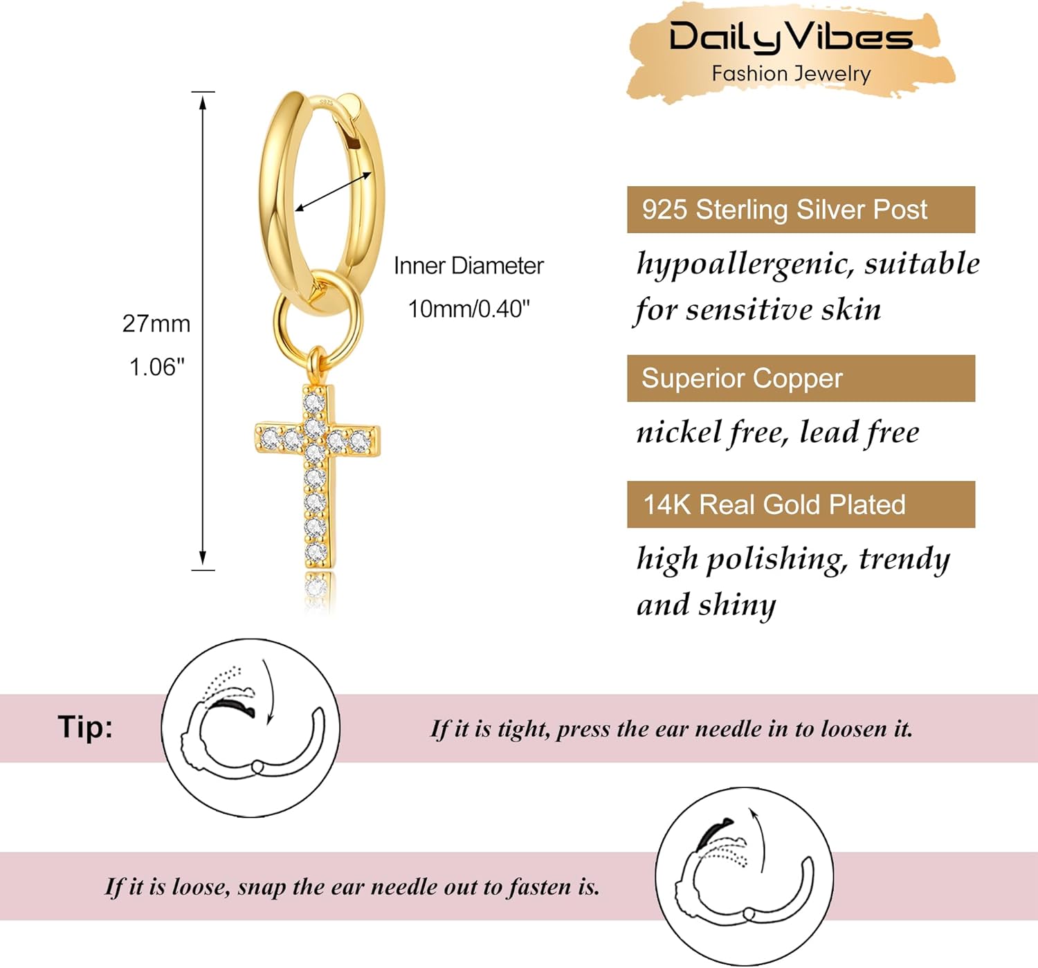 DAILY VIBES Cute Dangle Huggie Earrings for Women 925 Sterling Silver Post Dainty 14K Gold Plated Mini CZ Butterfly Star Cross Heart Charm Drop Cartilage Small Hoop Earrings - Image 5