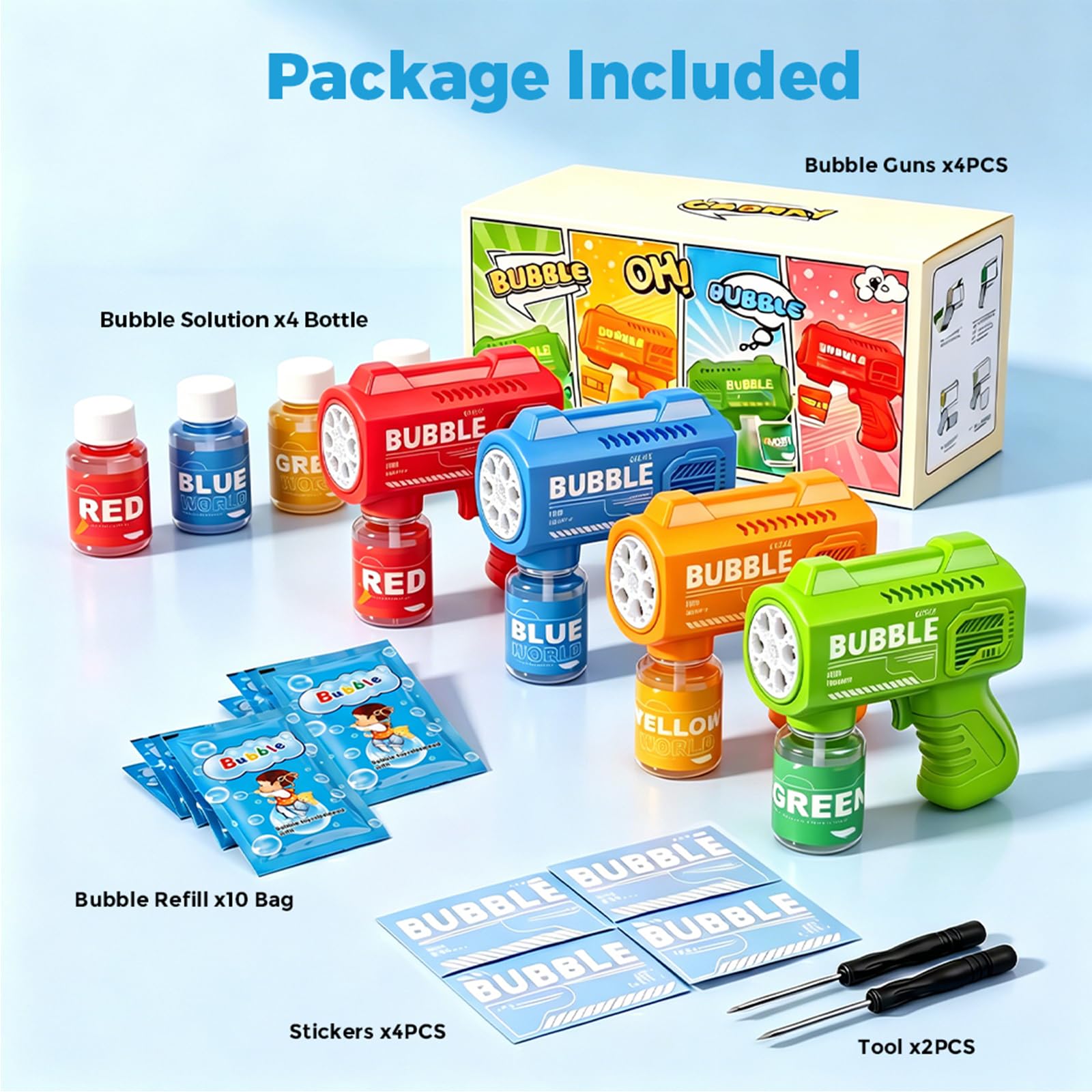 4PCS Pistolets à Bulles pour Enfants, Machine Bulles Automatique 5000+ Bulle par Minute avec Lumières/Solution(4 Flacons+10 Recharge),Souffleur de Bulles pour D'extérieur Cadeau Fête Mariage