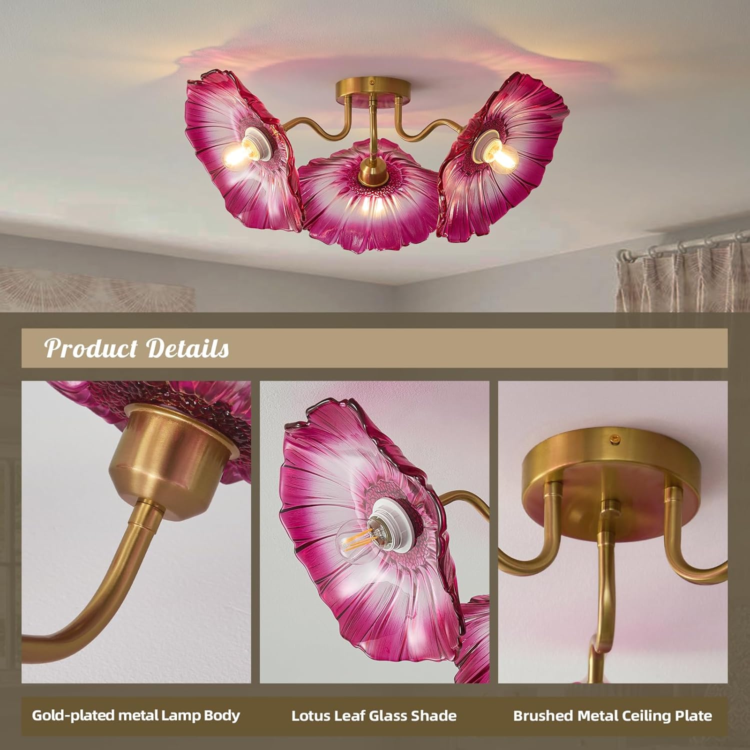 Flower Glass 3 Lights Ceiling Light - Red Vintage Floral Semi Flush Mount Chandelier Lighting Fixtures - Mid Century Modern Art Deco Lamps for Bedroom Bathroom Hallway Foyer Hall Kitchen Living Room