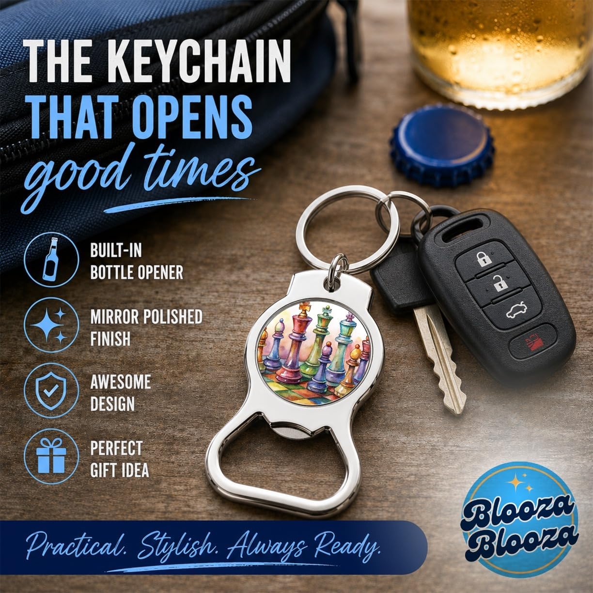 Chess Pieces Colorful Watercolor Bottle Opener Keychain image 2