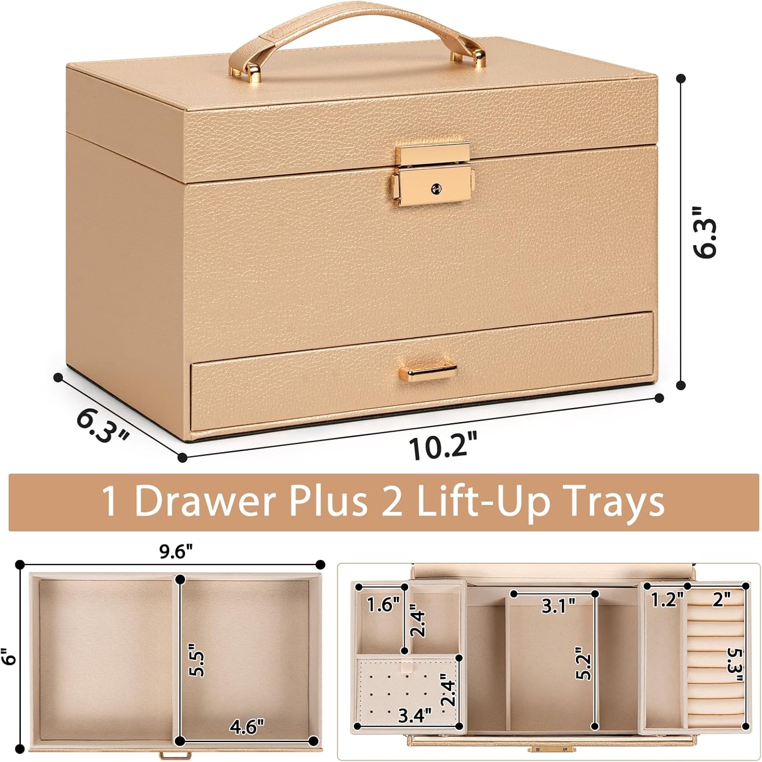 AKOZLIN Travel Jewelry Box Organizer Functional 2-trays Leather Jewelry Storage Case with Lockable Portable Drawer for Women Girls Ring Necklace Earring Bracelet