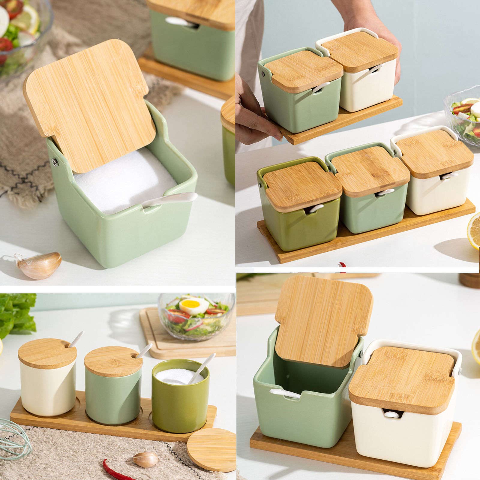 Vorratsdosen aus Glas, nordisches Gewürzglas, Gewürzbehälter mit Löffel und Holzdeckel, einfaches Gewürzdosen-Set für Basis, Porzellan-Gewürz-Organizer, Küche und Esszimmer, Gewürztöpfe, Weiß, 2-eckig
