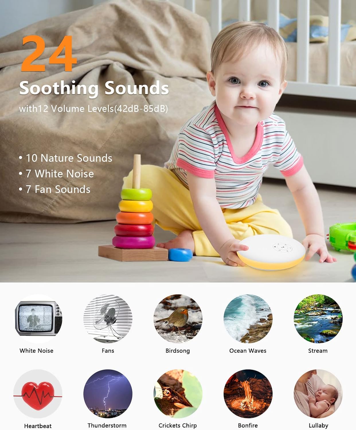 White Noise Machine, Sound Machine for Sleeping Adults Baby Kids, 12 Colors Nursery Night Light and 24 Soothing Nature Sounds, 3 Timers and Volume Adjust and Memory Function and Touch Lamp Ideal Gift