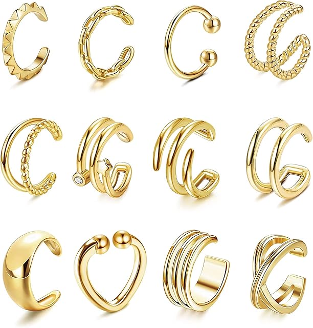 LOLIAS 12Pcs Ear Cuffs Small Hoop Earrings 18K Gold Plated for Womens Fake Cilp on Earrings Helix Non Pierced Cartilage Cuffs Huggie Non Piercing Hypoallergenic Earrings