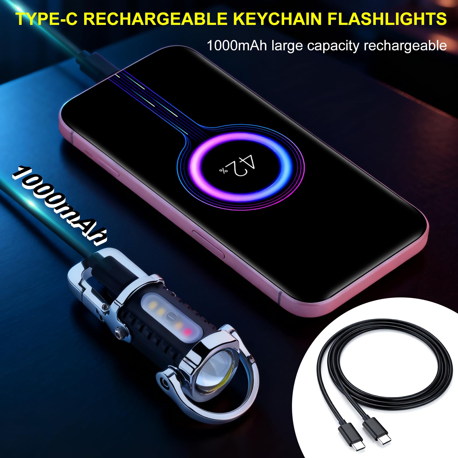 FULLIKES Keychain Flashlight (3 in 1), Portable Rechargeable Bright Keychain Flashlight, Cob Keychain Work Light with 7 Light Modes, 1500 Lumens Mini Keychain Lights for Emergencies 2
