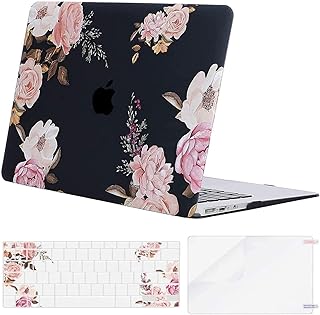 MOSISO Compatible with MacBook Air 13 inch Case (A1369 & A1466, Older Version 2010-2017 Release), Plastic Peony Hard Shell Case & Keyboard Cover & Screen Protector, Black